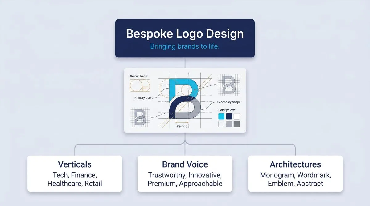 Logo Design skill highlight diagram. Navy header card reads 'Bespoke Logo Design' with the subtitle 'Bringing brands to life.' Below the header, a simulated construction guide shows a stylised letterform B rendered against gridlines, with a Golden Ratio overlay, Primary Curve and Secondary Shape callouts, a Kerning marker, and a six-swatch color palette. Three columns at the bottom show: Verticals (Tech, Finance, Healthcare, Retail), Brand Voice (Trustworthy, Innovative, Premium, Approachable), and Architectures (Monogram, Wordmark, Emblem, Abstract).