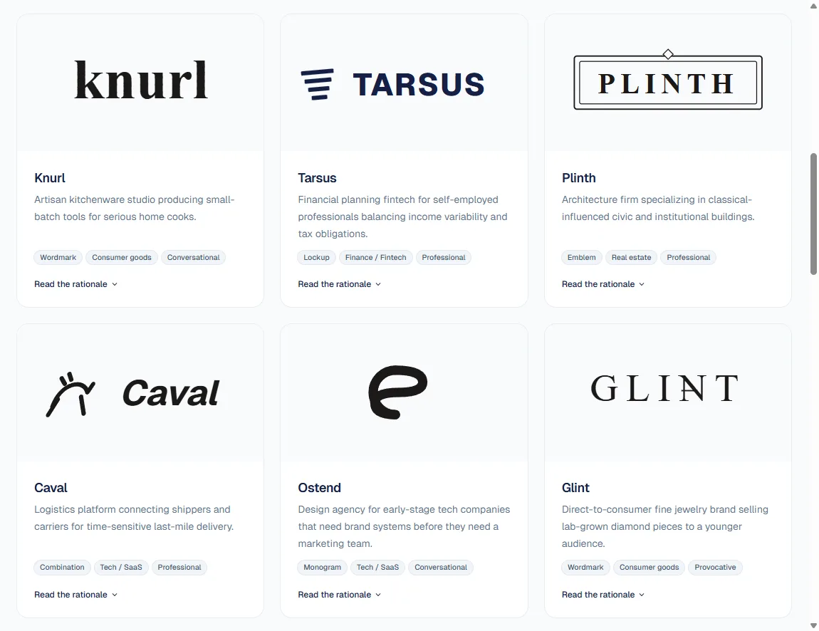 Marks gallery showing six fictional brand cards in a three-by-two grid: knurl (lowercase serif wordmark with knurled texture), TARSUS (uppercase sans lockup with stacked-bar mark), PLINTH (classical serif inside a double-lined emblem frame), Caval (italic horse silhouette plus italic wordmark combination), Ostend (flowing OS monogram resolving to a single connected glyph), and GLINT (high-contrast Didone wordmark with hairline I crossbar). Each card carries the brand name, descriptor, and three classification chips for mark architecture, vertical, and brand voice.