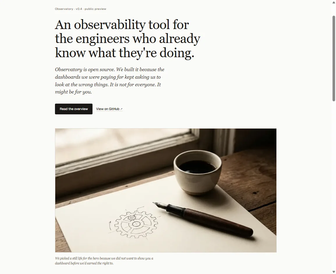 Observatory Editorial. Cream paper hero with restrained serif headline 'An observability tool for the engineers who already know what they are doing'.