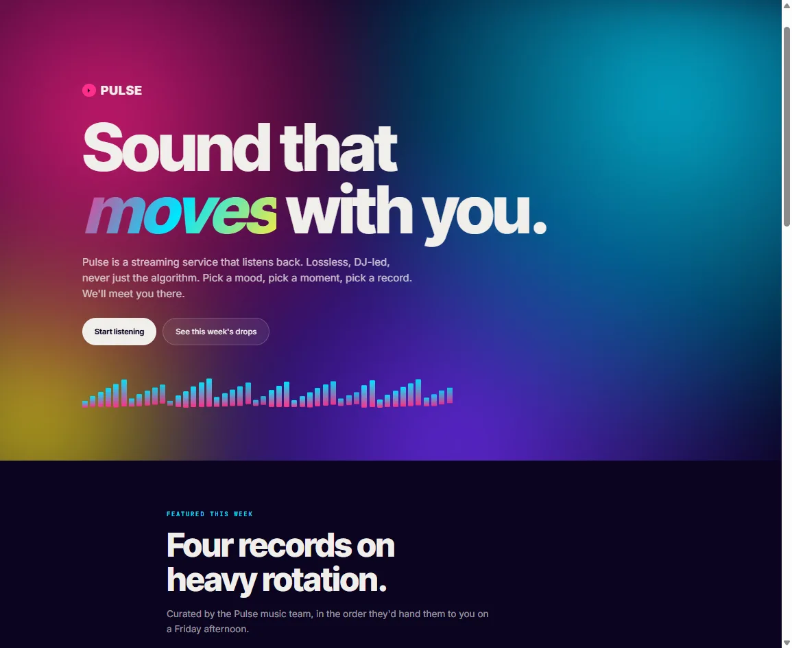 Pulse music streaming brand. Saturated gradient hero with the headline 'Sound that moves with you' and pink-to-cyan equalizer bars below.