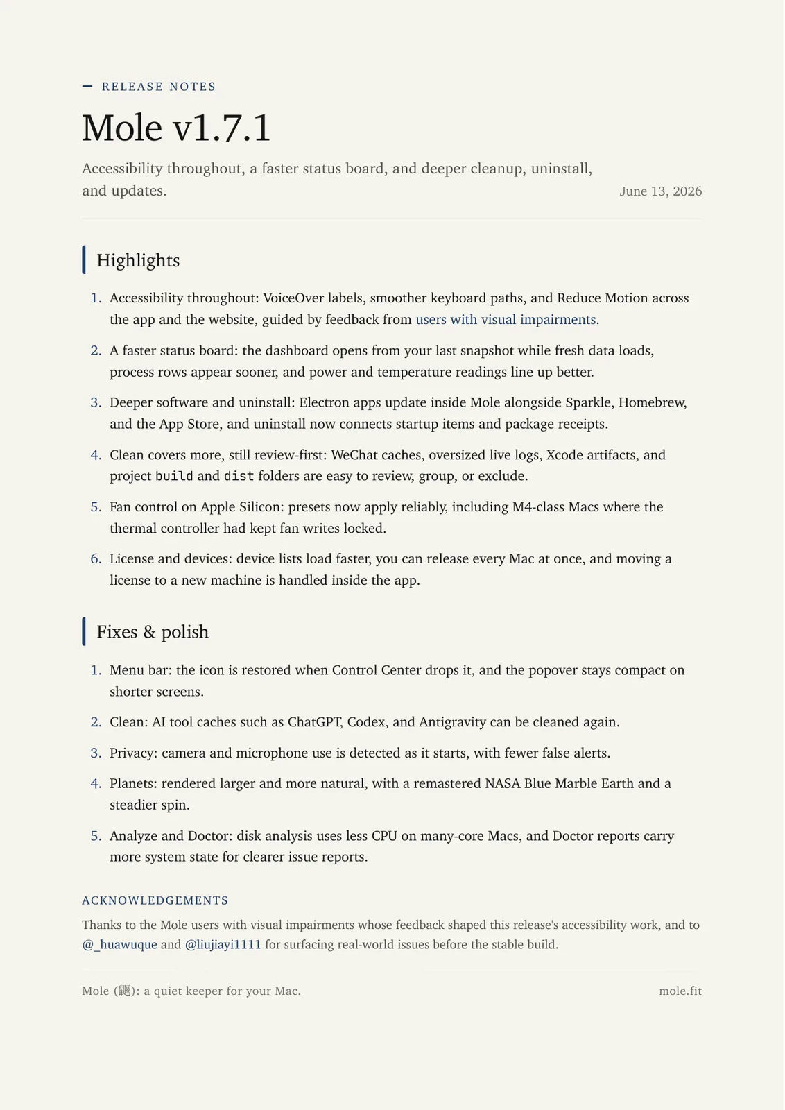 Mole release notes