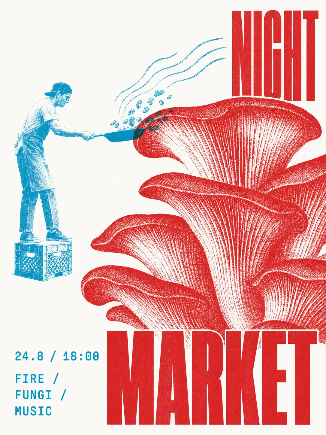 Red and cyan mushroom night market poster