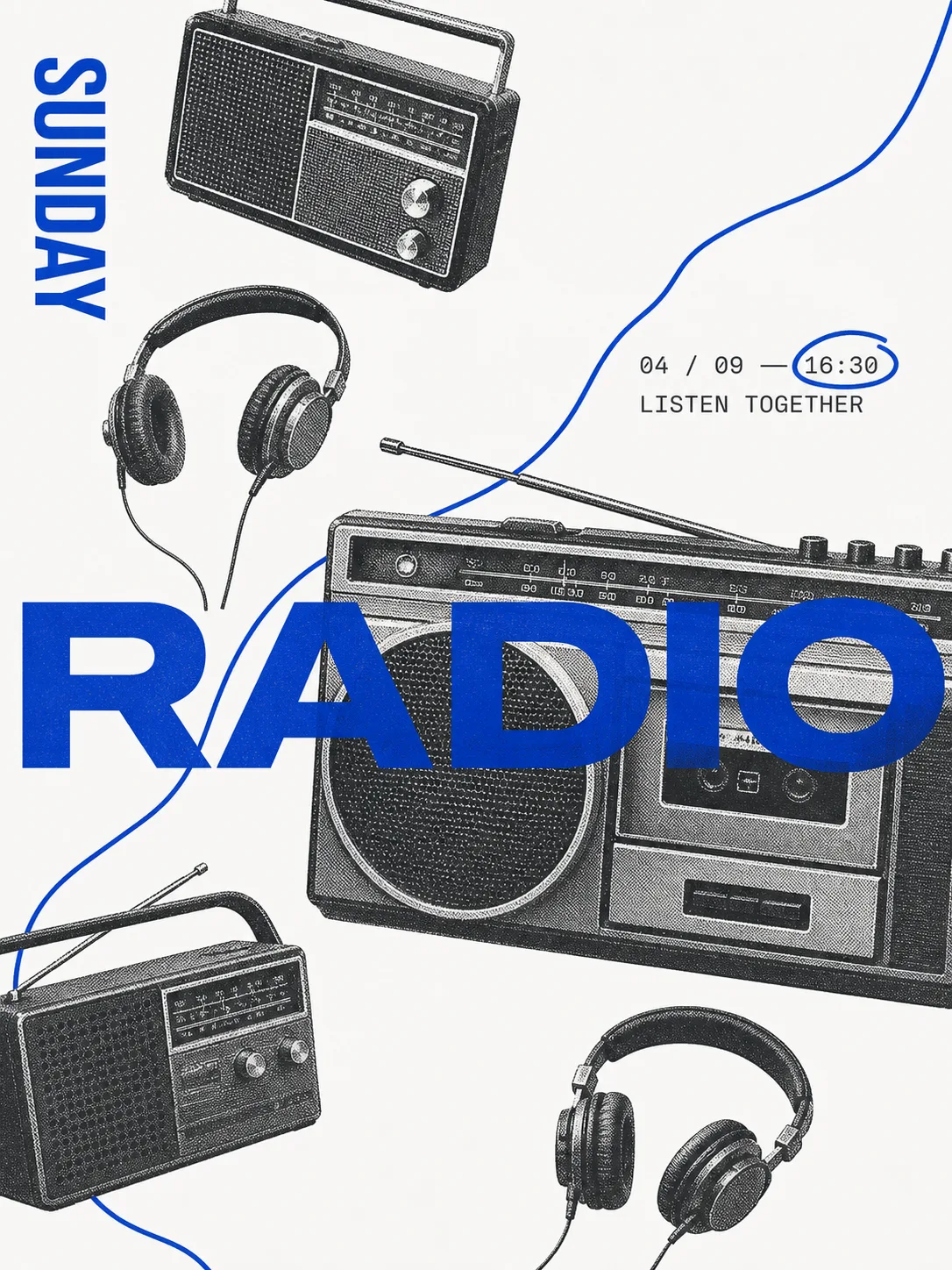 Cobalt and black radio listening poster