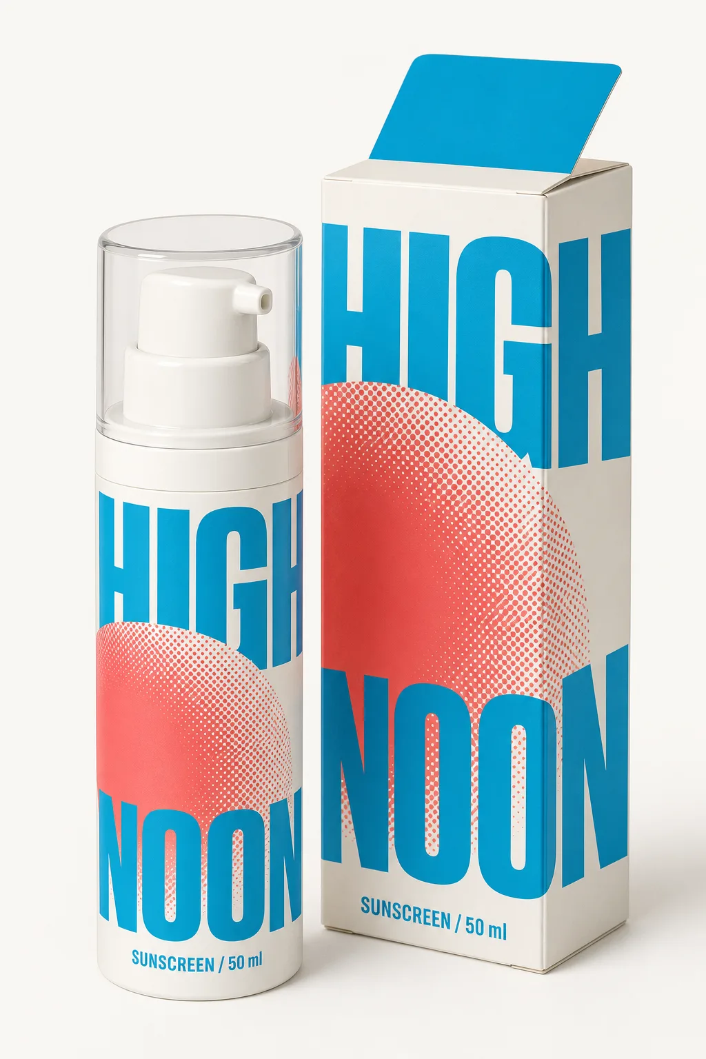 Cyan and coral sunscreen packaging