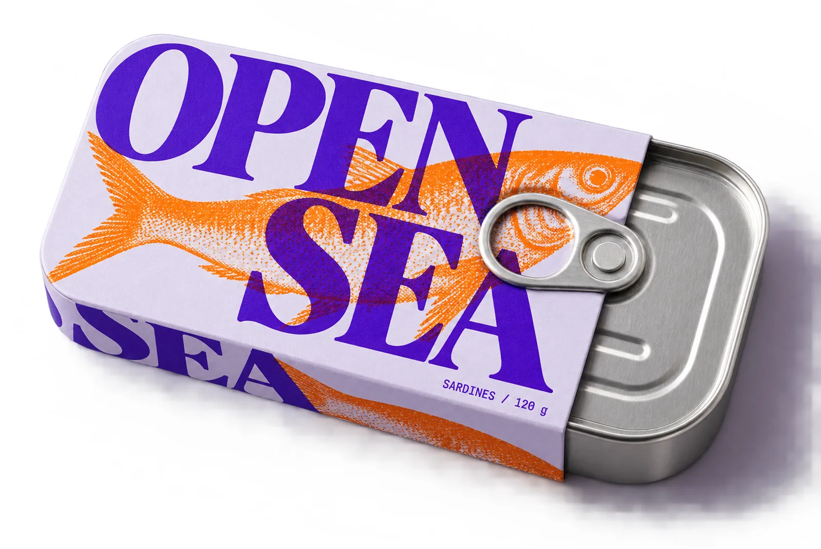 Violet and orange sardine tin packaging